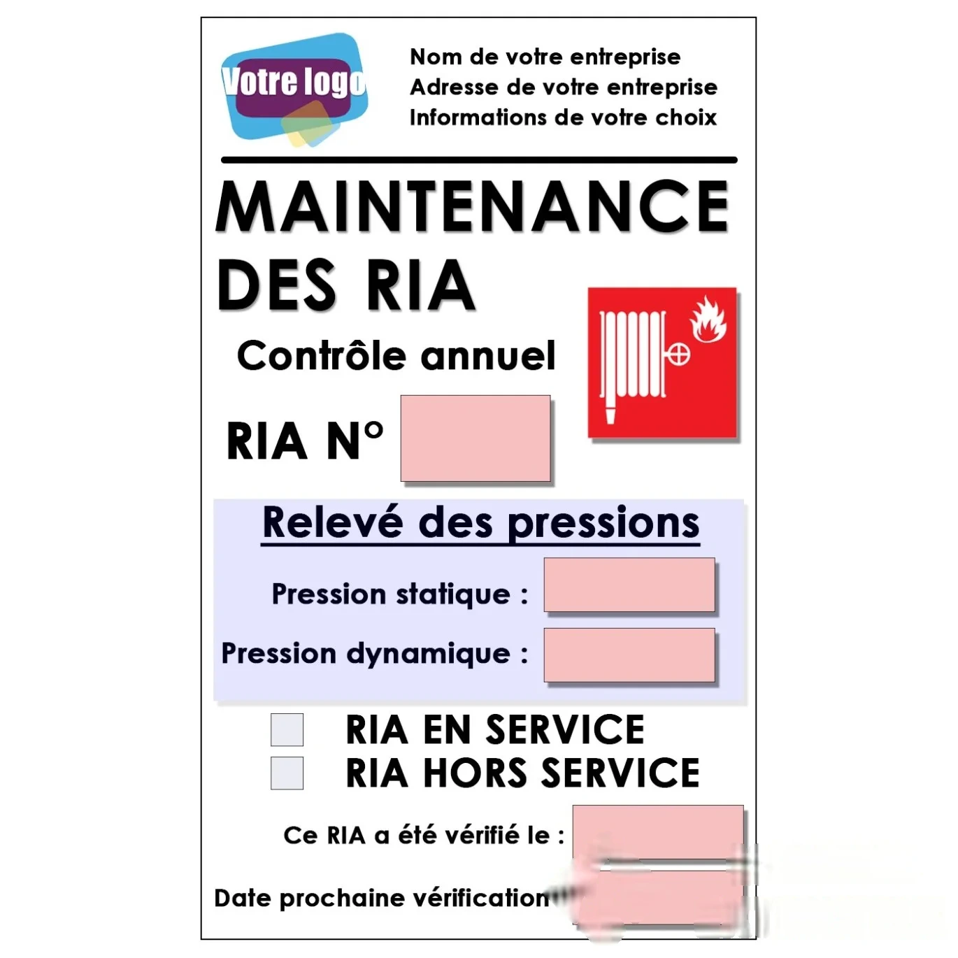 10 étiquettes de contrôle pour RIA personnalisées - Taille 90 × 120 mm