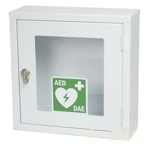 Armoire métallique blanche avec alarme pour défibrillateur