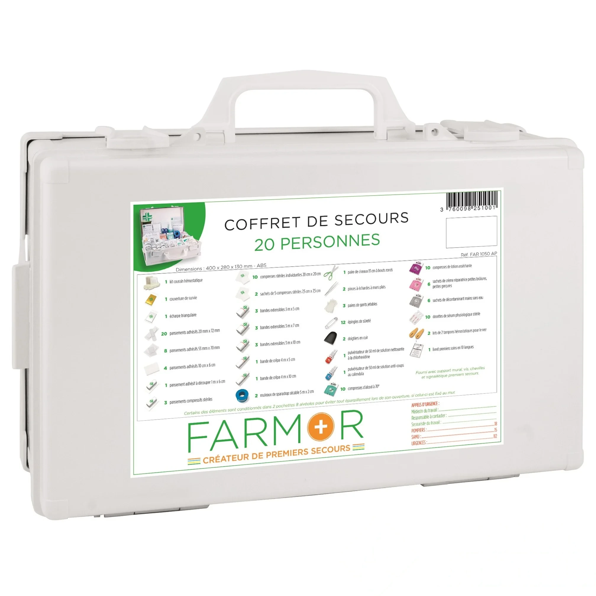 Coffret de secours 20 personnes avec poignée et support